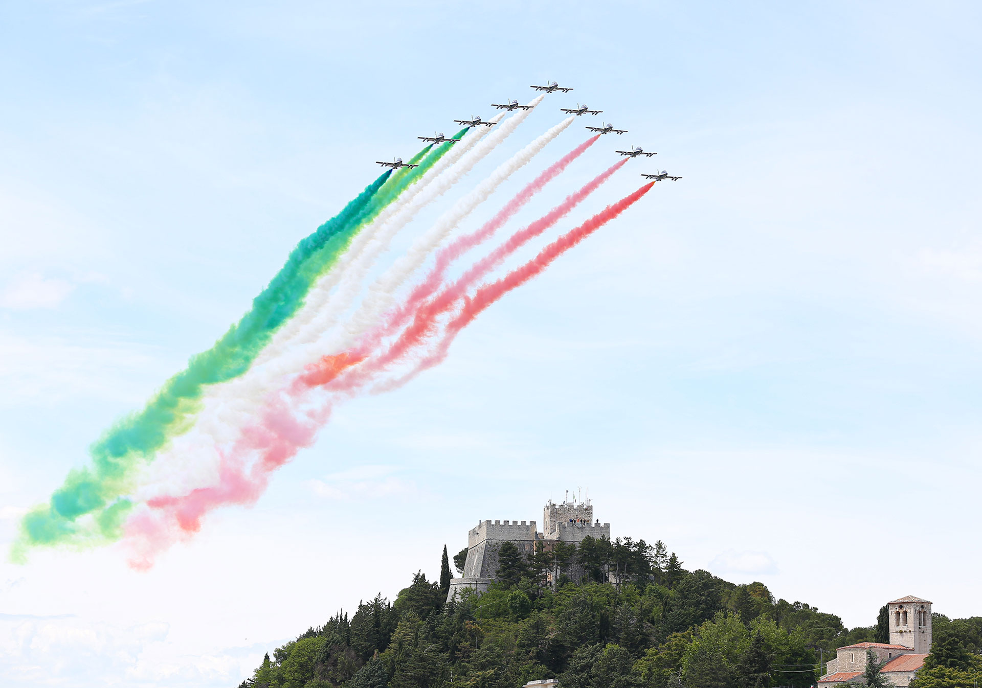 Italy’s aerobatic flight team aeronautica militare (Tricolor Arrows) flies over the Castello Monforte as part of the celebration for the 74th anniversary of the proclamation of the Italian Republic in Campobasso, Italy. May 28, 2020-Laura Venezia