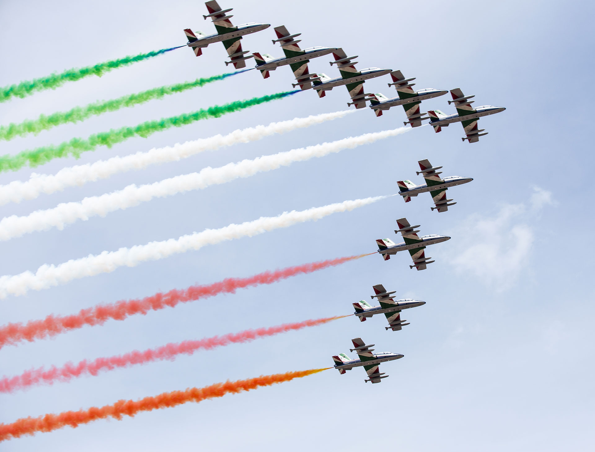 Tricolor Arrows flies over the sky as part of the celebration for the 74th anniversary of the proclamation of the Italian Republic in Campobasso, Italy. May 28, 2020-Laura Venezia